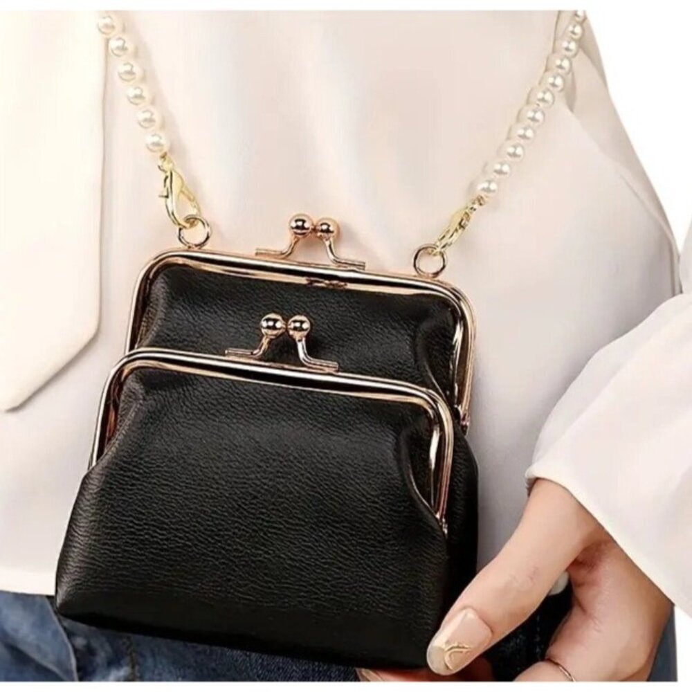 Double Kisslock Pearl crossbody strap vegan leather Black handbag